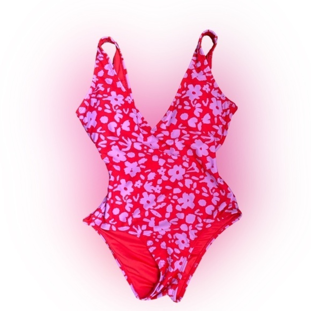 Islander Swimsuit - S red pink floral , polyester spandex, NWOT
